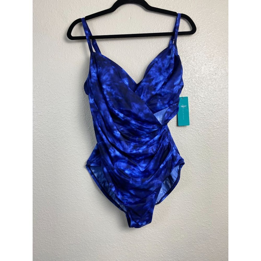 NEW Aqua Green Womens One Piece‎ Swimsuit size XL Faux Wrap Twist front Tie Dye